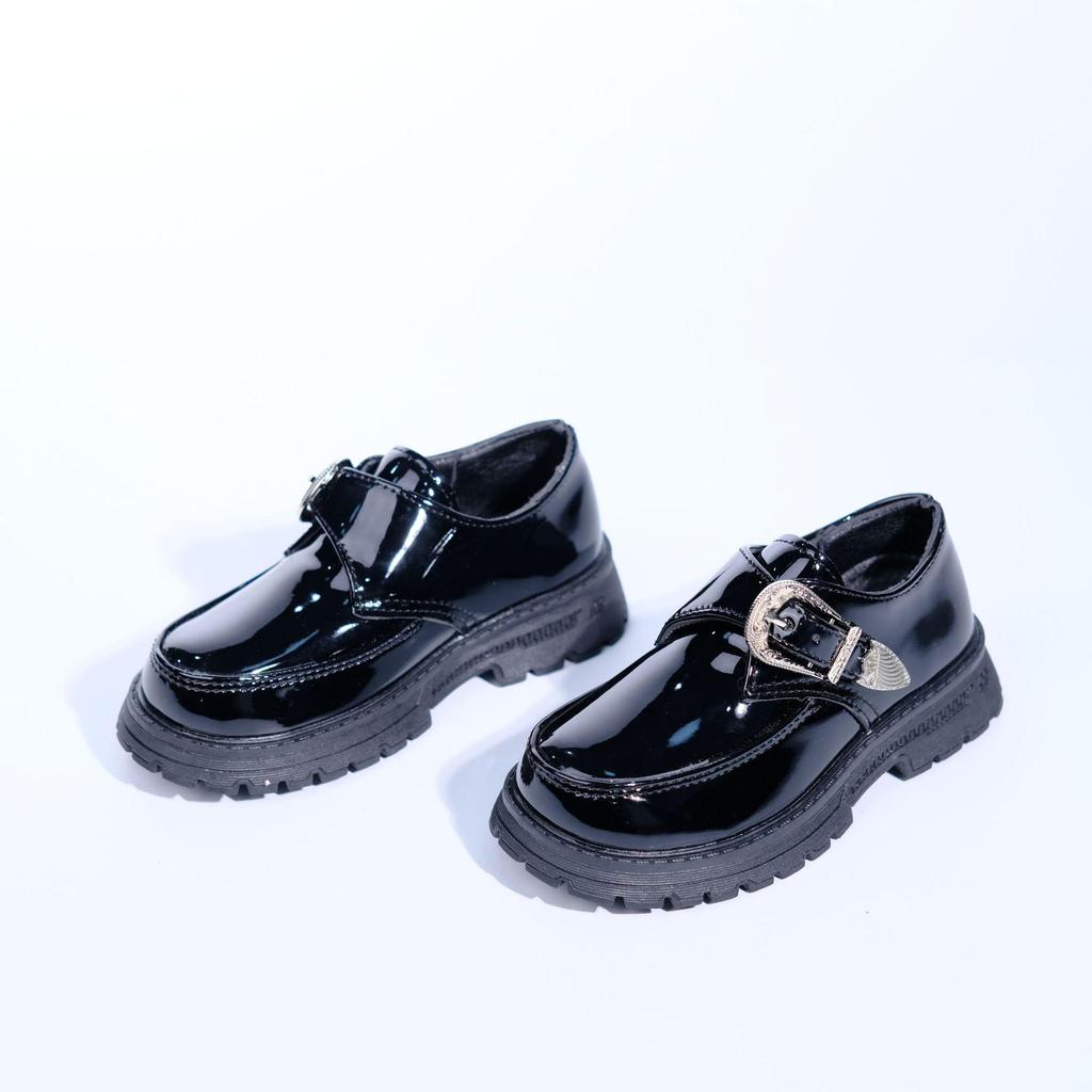 African Black Children's Glossy School Shoes with Gold Buckle, Patent Leather, 2026 Edition