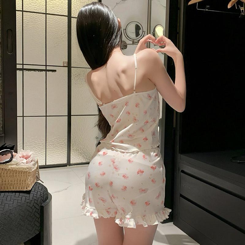 Summer New European and American Suspender Shorts Set Sexy Flower Women's Home Pajamas Outer Order