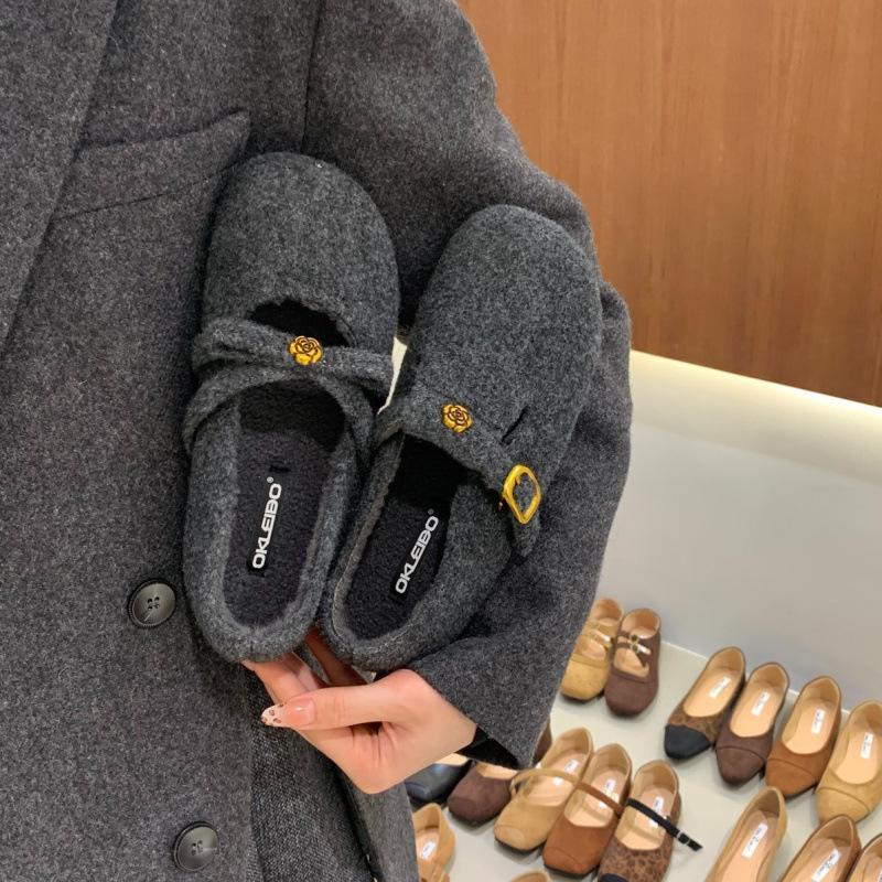 Inner height increase gray Mary Jane single shoes autumn and winter plush shoes warm cotton shoes evening shoes