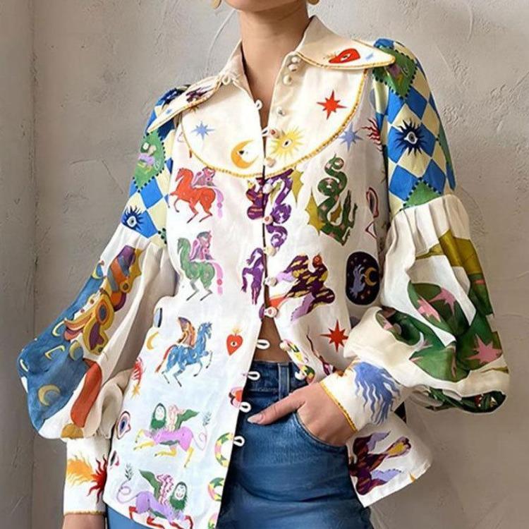 New Fashion Women Spring Printed Lapel Shirt Top Single Breasted Lantern Sleeve S