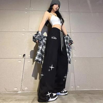 Streetwear Fashion Women Black Sport Pants Koreon Drawstring Elastic Waist Print Vintage Harajuku Loose Casual Straight Trousers