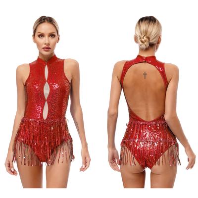 Womens Glitter Sequins Leotard Tassel Design Keyhole Back Sleeveless Backless Fringed Bodysuit Dance Costume