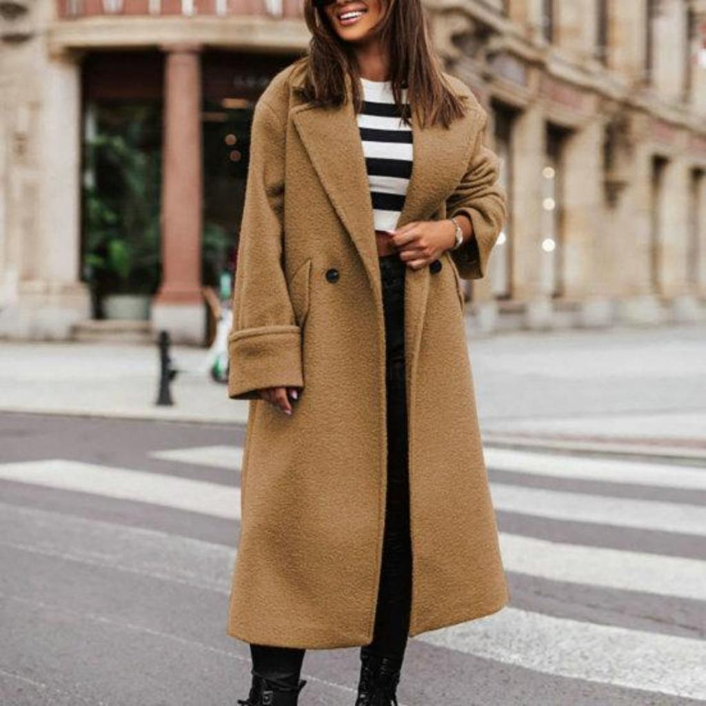 Cappotto da donna autunno inverno bavero sciolto stile lungo tinta unita cardigan spesso caldo tasche antivento doppi bottoni manica lunga soprabito da donna