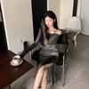 Spice girl feeling oil painting mesh dress women's autumn temperament split-ended long dress slim suspender skirt two-piece set