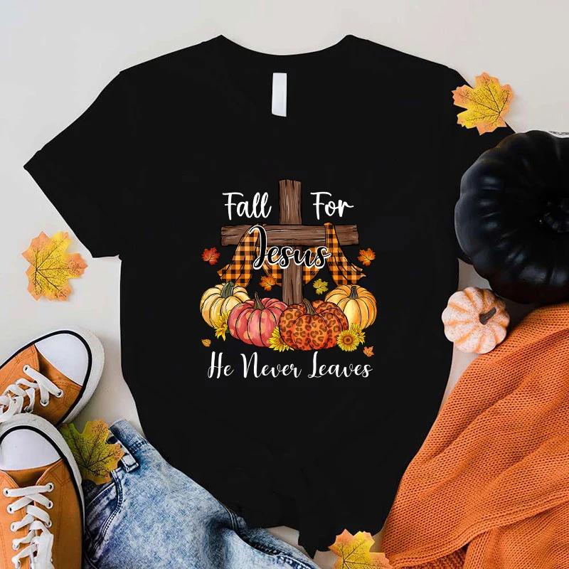 Unisex Short Sleeve Fall For Jesus He Never Leaves Print T Shirts Women Causal Harajuku Tops Funny T Shirt(Premium T-shirt)
