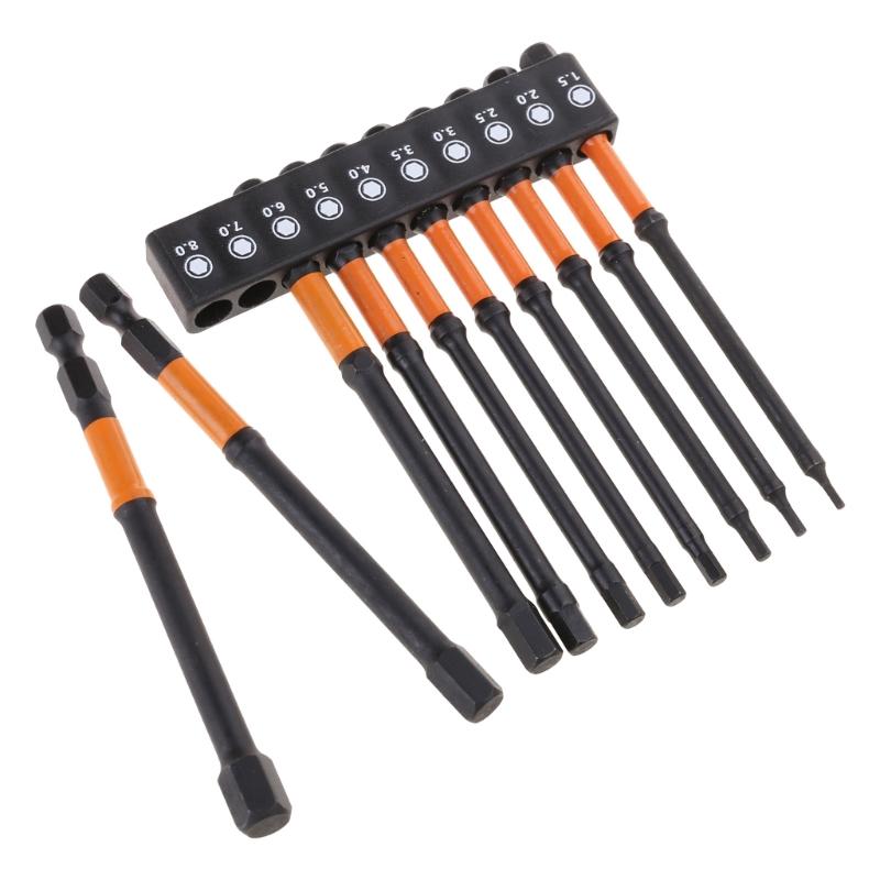 10Pcs Impacts Hex Head Wrenches Drill Bit Set 1/4" Hex Shank Steel Hex Bit Set Tip with Magnetism Screwdriver Bit