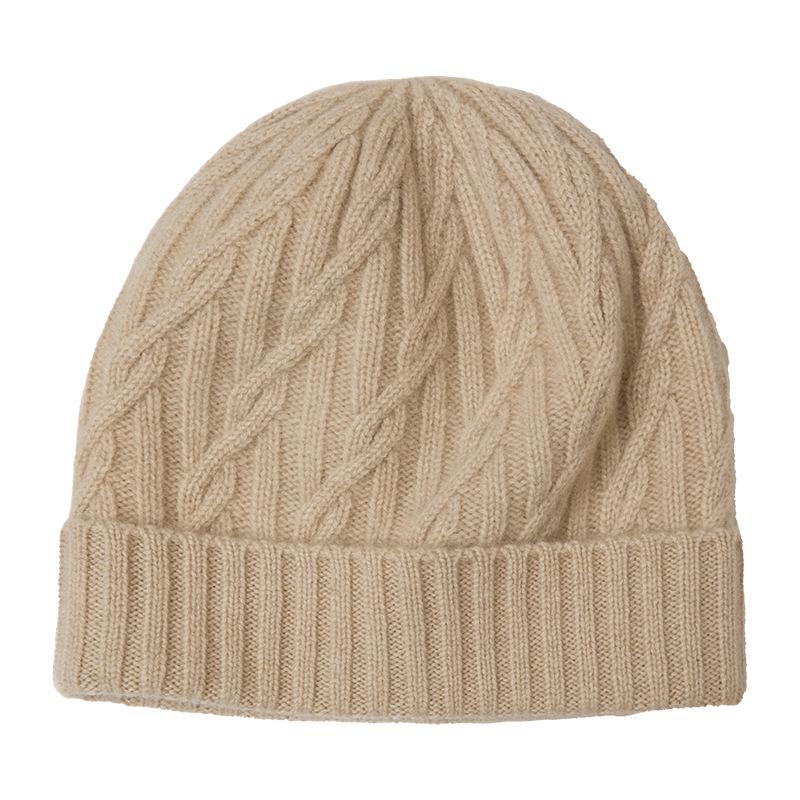 Women's Warm Cable Knit Turn-up Hat - Pure Cashmere, Ear Protection, Windproof, Solid Color for Autumn/Winter