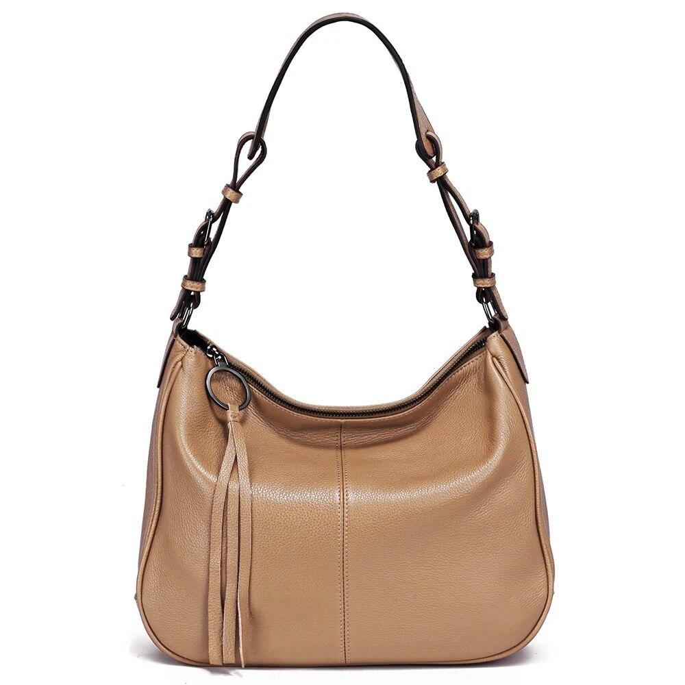 Zency New Black Beige Genuine Leather Hobo Bag Women Simple Classic Casual Handbag Shoulder Tote Soft Crossbody Big Pockets