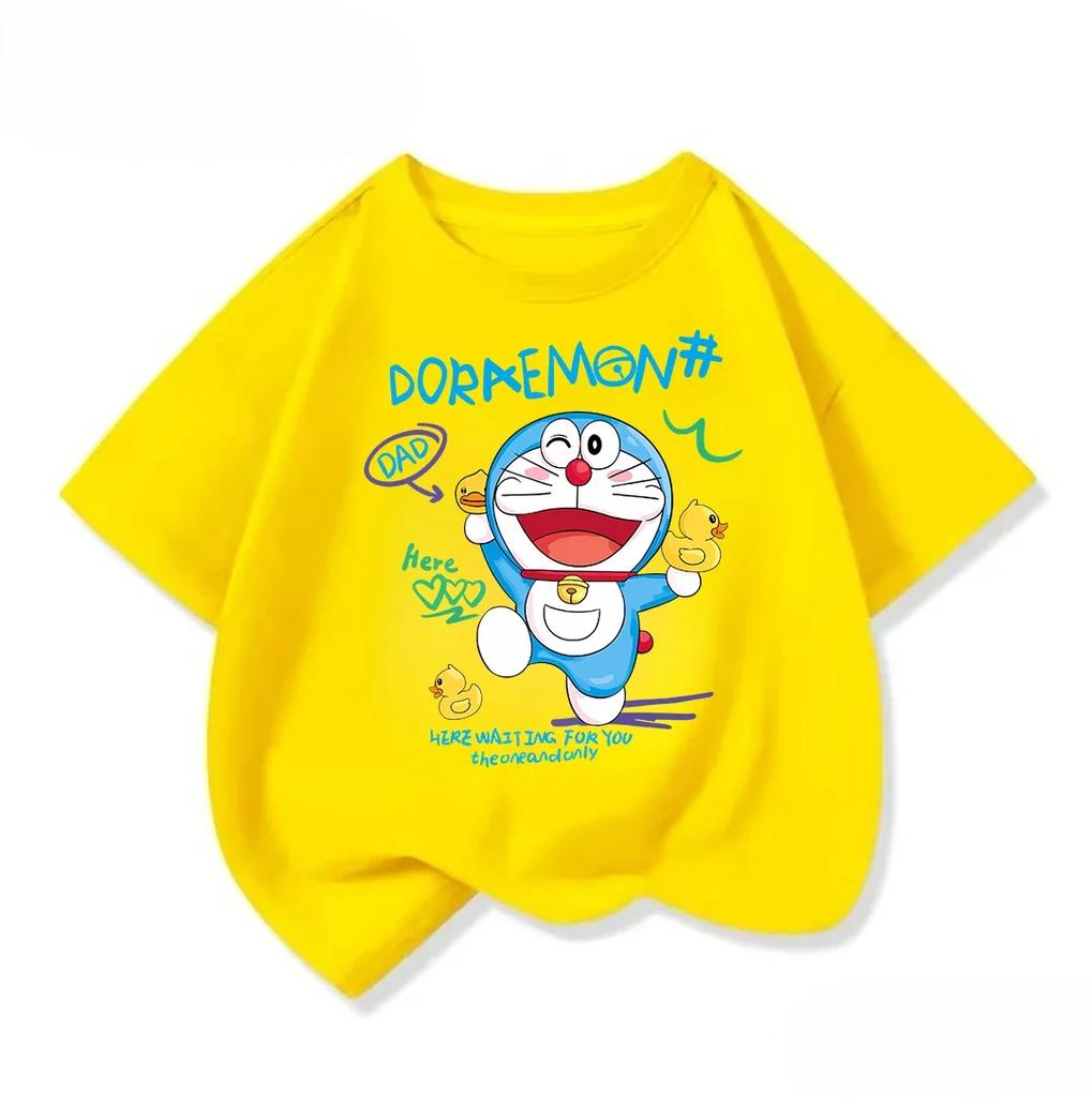 Summer Children Crew Neck T Shirt Fashion Cartoon Print Cute Street Style Tops Doraemon Boys Girls Outfit 314Y