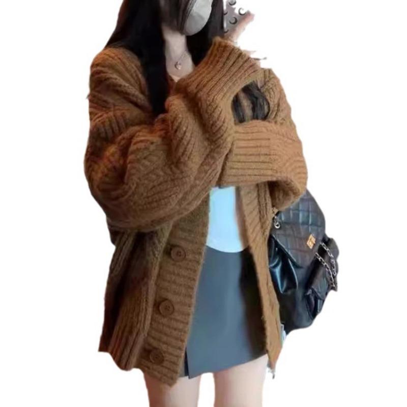 Retro twist knitted cardigan v-neck top autumn and winter new loose lazy wind soft waxy sweater jacket women
