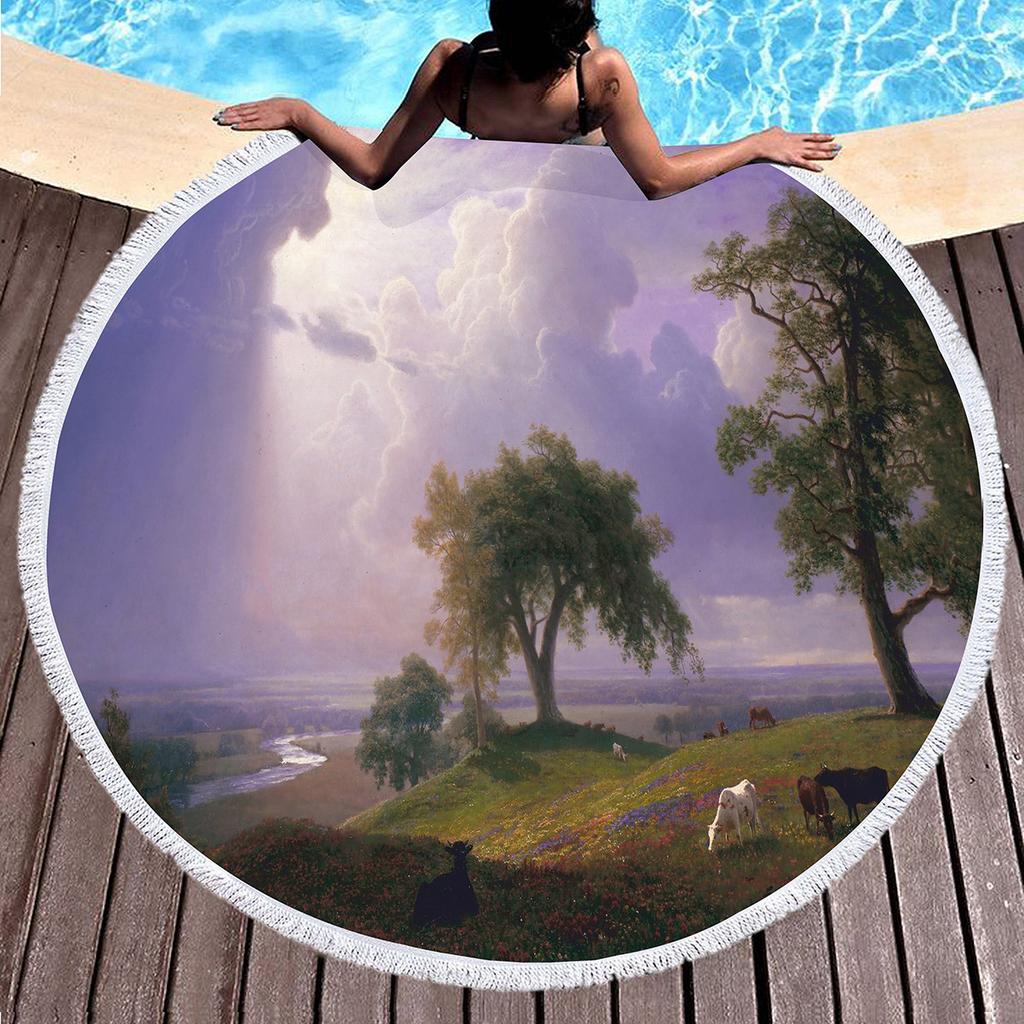 Landscape Art Oil Painting Round Beach Blanket Water Absorbent And Quick Drying Polyester Beach Towel Pool Towel Picnic Blanket