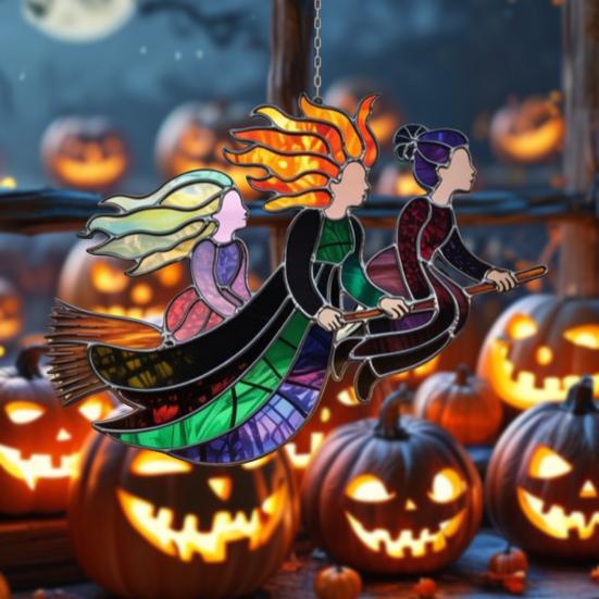 Halloweenský Suncatcher Čarodějnice 3 Čarodějnice Létající na Koštěti Vitrážový Suncatcher Akrylová Závěsná Dekorace na Okno pro Dveře Nástěnná Dekorace