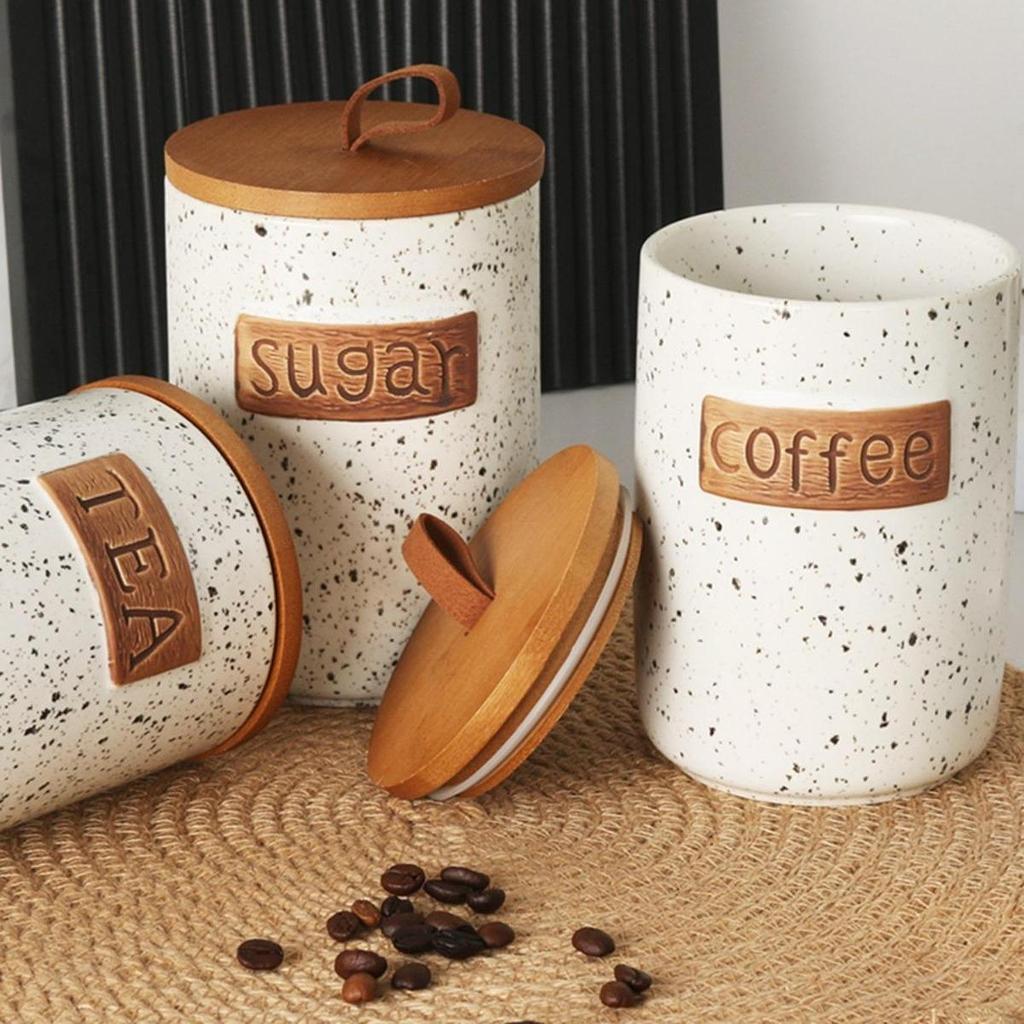 Ceramic Canister Countertop Multifunctional Tea Coffee Sugar Storage Jar Food Jar with Wooden Lid Kitchen Supplies