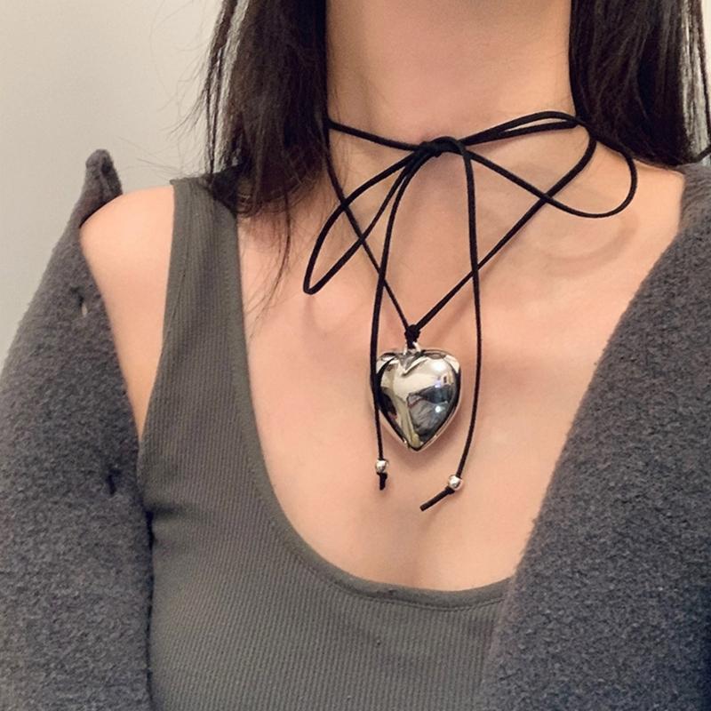 Heart Pendant Collar Necklace Neck Tie Clavicle Chain Necklace Long Rope Bow-Tie Choker Necklace Fashion Jewelry