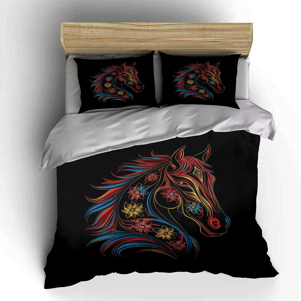 Colorful Floral Horse Artwork Set Soft Comfortable Duvet Cover Bedding Set Included 1*Duvet Cover & 2*Pillowcases, Gift