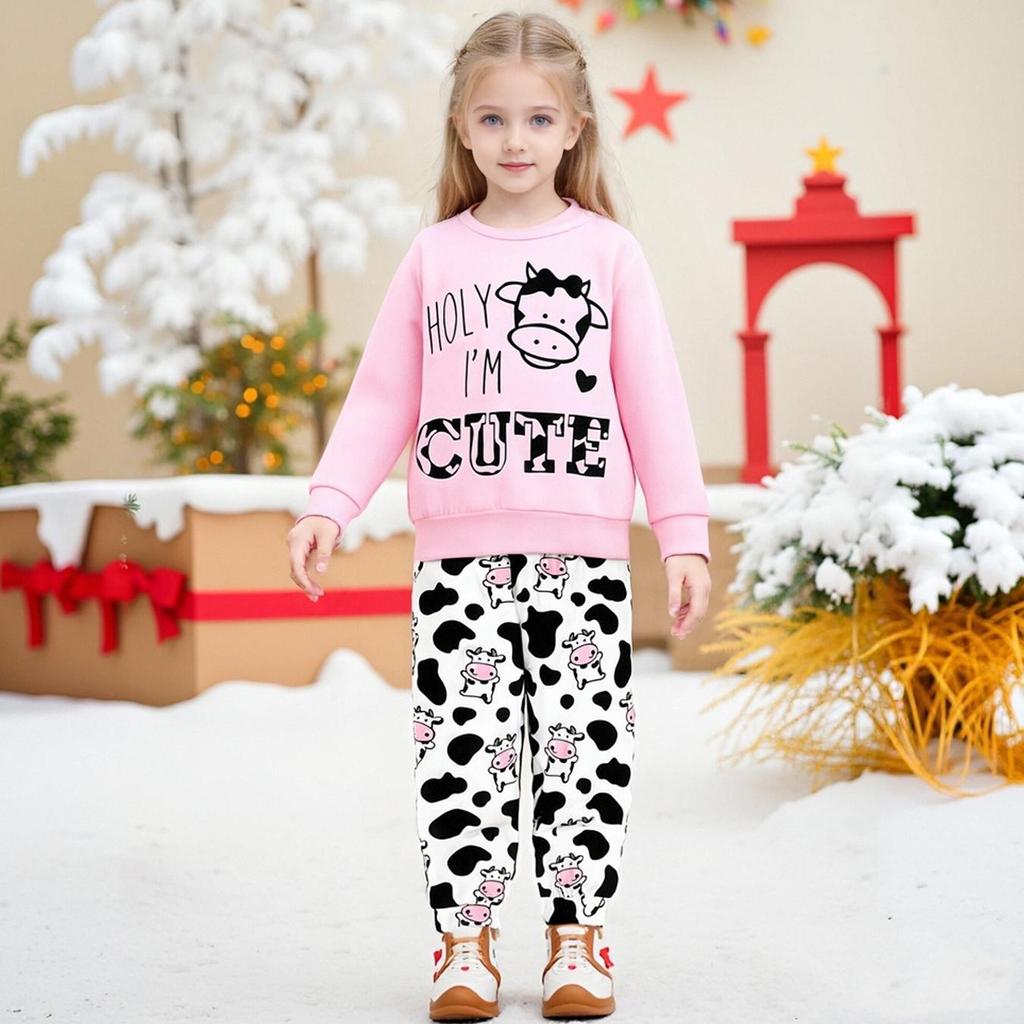 Little Girl 2PCS Set 1-8 Years Old Pink Sweatshirt and Cow Print Long Pants Kids Casual Daily Wear or Pajamas Set
