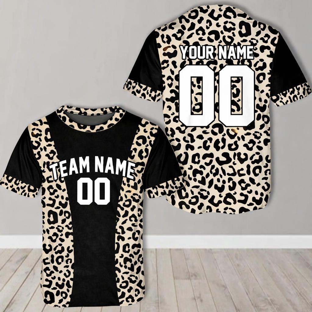 Custom Leopard Print Baseball Jersey Men Women Round Neck Team Name Number Sports Shirt Personalized Uniform Top Gift Custom Tee