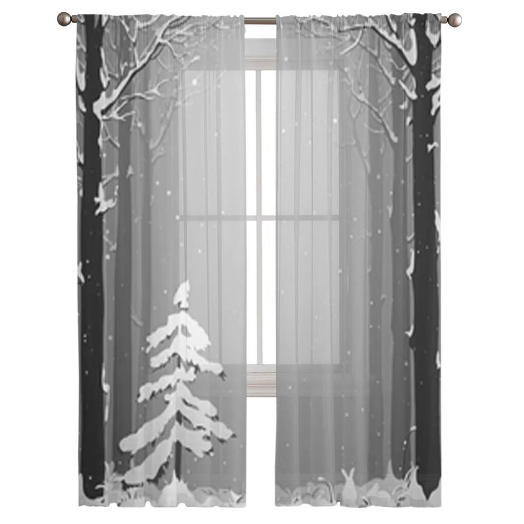Winter Forest With Fir And Rabbits Sheer Curtains Bedroom Voile Curtain Living Room Window Sheer Curtains Kitchen Tulle Drapes