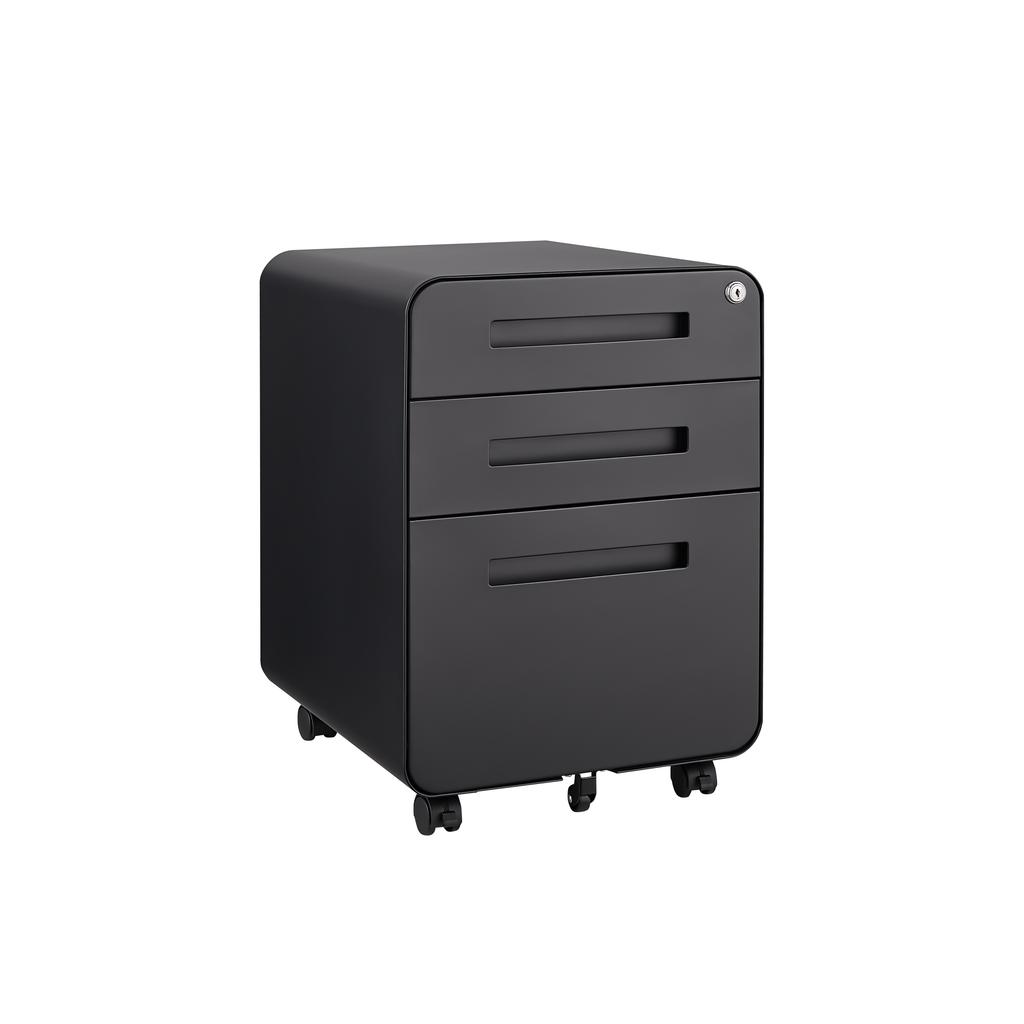 Armário de Arquivo de Escritório Preto com 3 Gavetas Móvel para Debaixo da Mesa, Armazenamento para Arquivos Jurídico/Carta/A4, Design Anti-Tombamento com 5 Rodas, Aço Laminado a Frio, À Prova d'Água