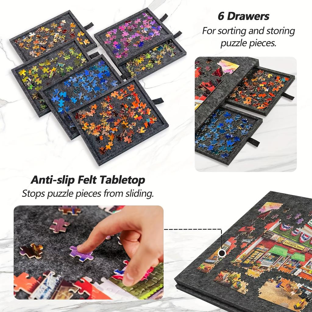 7pcs 6-Drawer Puzzle Board & Organizer with Felt Surface, Portable, Converts To A Desktop Display Stand, Decorative