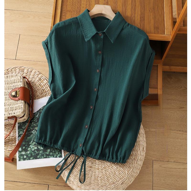 

DIMANAF 2025 Женская футболка больших размеров, винтажная, эластичная, свободная, тонкая, с коротким рукавом, хлопковая, однотонная, женская, топы, футболки, пуговицы A 2XL зелёный