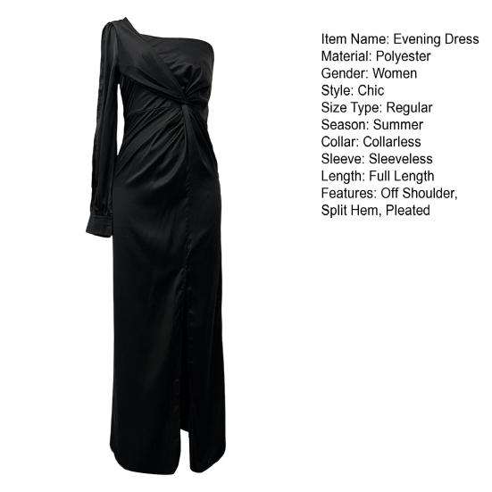 Vestido de noite feminino, um ombro, sem mangas, bainha dividida, cor sólida, cintura fina