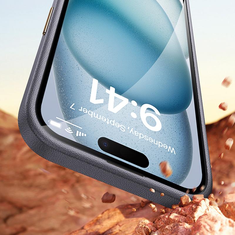 For iPhone 15 Pro PU Leather+TPU Phone Case Anti-Scratch Metal Lens Frame Cell Phone Cover
