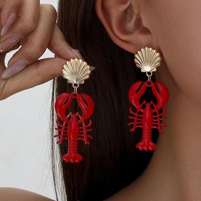 Marine Life Red Lobster & Shell Metal Earrings for Women