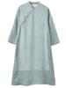 Johnature Women Chinese Style Cheongsam Solid Color Stand Long Sleeve Button Ramie Vintage Spring Dress Women Clothes