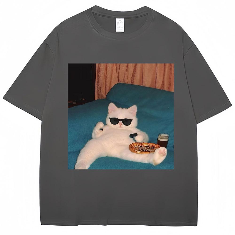 Funny Glasses Cat and Pizza Meme Tshirt Unisex Women Creativity Fashion Kawaii T Shirts Loose Cotton Casual Tees Cat Lovers Gifts