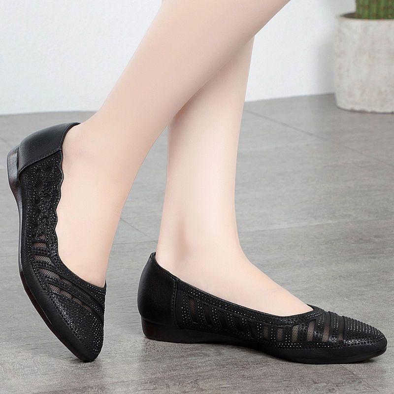 Scarpe da Donna in Morbida Pelle Scarpe da Donna a Punta con Strass e Rete a Bocca Bassa con Suola Morbida e Tacco Basso Sandali Calzature