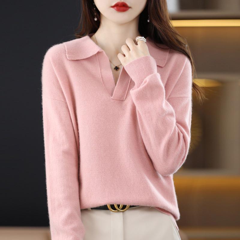 Women's Loose Polo Sweater: 100% Wool Knitwear with Soft Feel, Ideal for Autumn/Winter As Base Layer, Pure Wool Collar.