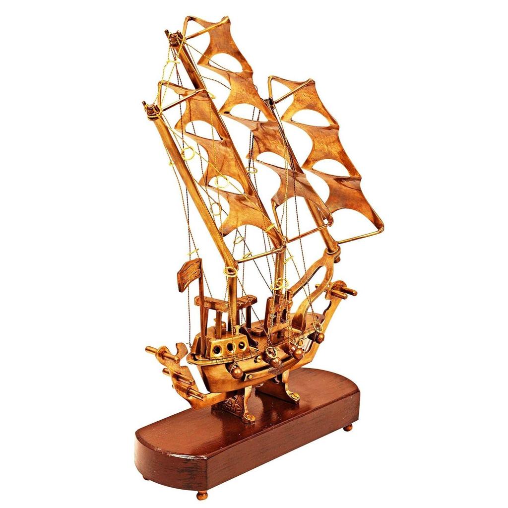 Brass Ship with Wooden Base, Showpiece Item, Perfect for Home Decoration and Gifting, 12'' Inch