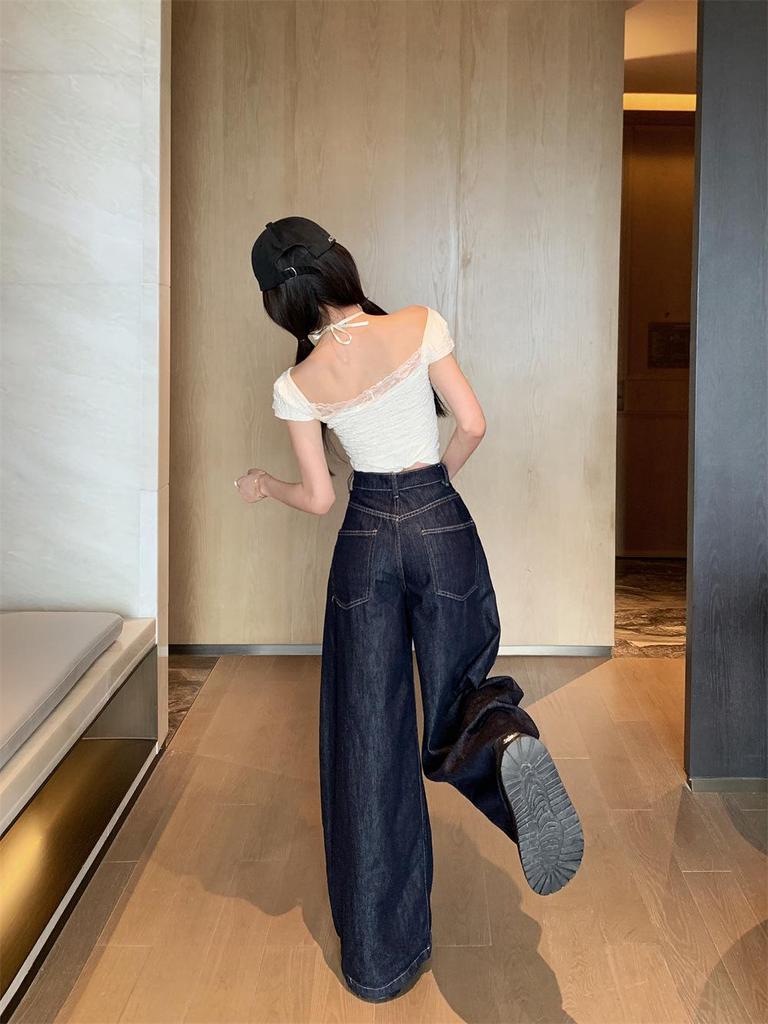 Women's Summer 2024 Retro High-Waisted Dark Wash Wide-Leg Jeans
