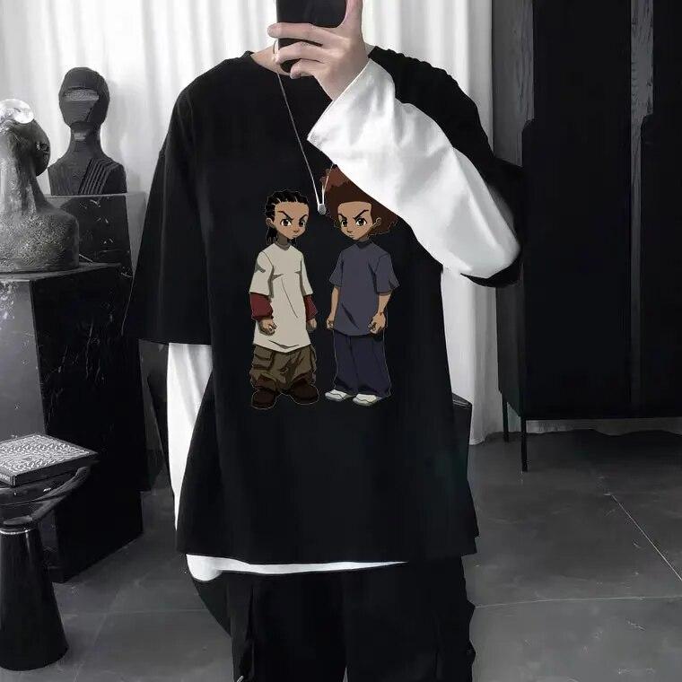 T-Shirt mit „The Boondocks Huey and Riley“-Aufdruck, Unisex, modisch, Harajuku, Baumwolle, T-Shirts, Übergröße, Unisex, Rock, Hip Hop, T-Shirt, Unisex, T-Shirt