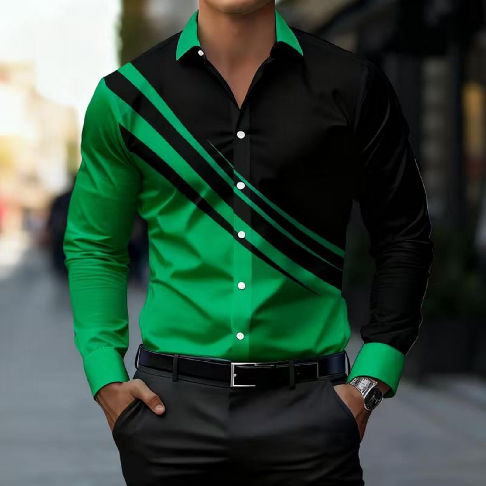 

Чоловічі сорочки з довгим рукавом, Сорочки в стилі Business Casual, Чоловічі сорочки на ґудзиках з коміром, Колірний блок XXXL зелений