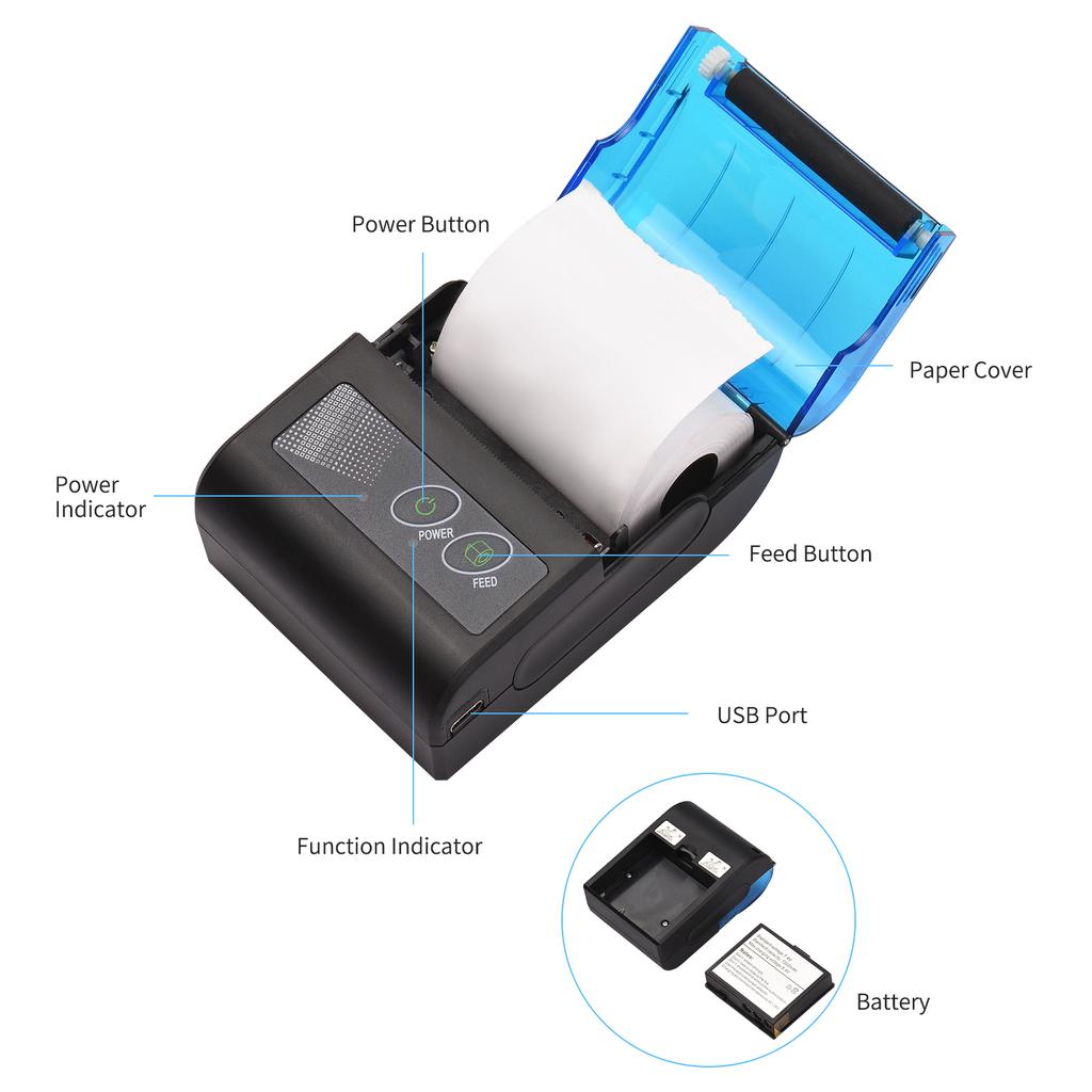 Bisofice Portable Mini Thermal Printer 2 Inch Wireless USB Receipt Bill Ticket Printer with 58mm Print Paper Compatible with IOS