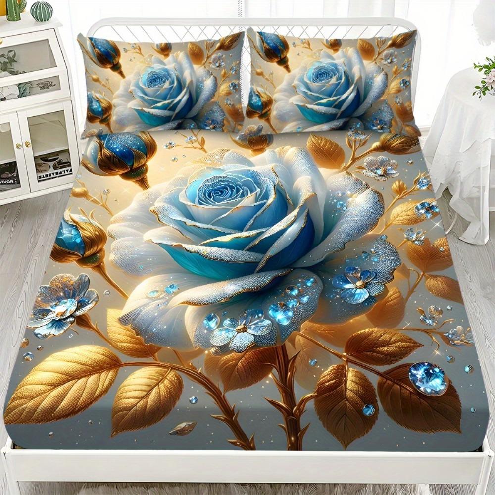 1pc Grey Fitted Sheet Red Rose Flowers Butterfly Print 100% Polyester Cover Breathable Bedding Set Home Decor Without Pillowcase