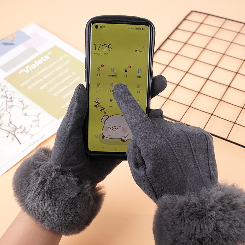 New Women Winter Keep Warm Touch Screen Suede Fabric Female Plush Wrist Not Bloated Elegant Solid Soft Cycling Drive Gloves