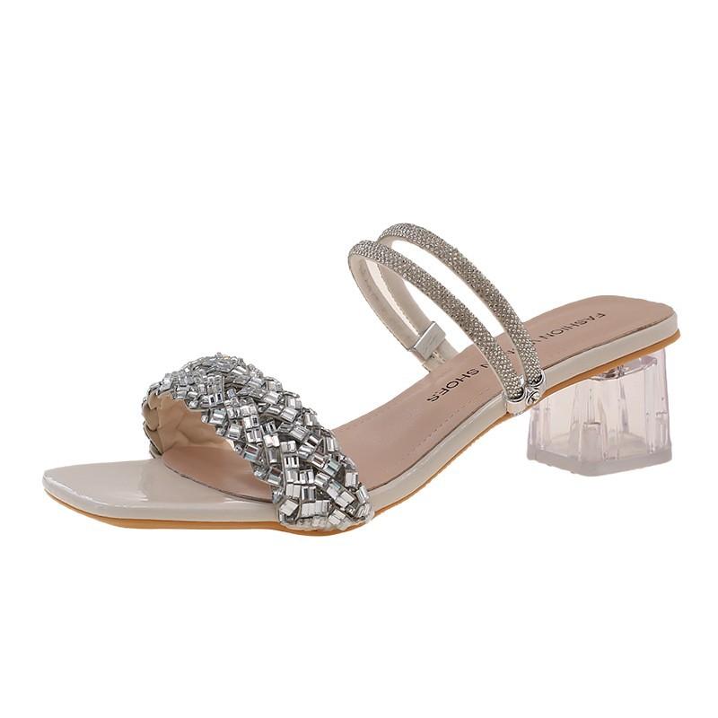 2025 spring and summer new fashion versatile temperament trend rhinestone French daily low heel square head women's sandals