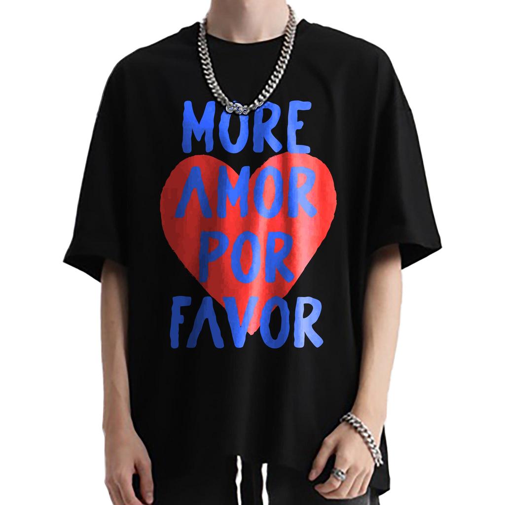 Divertente T-shirt Spagnola More Amor Por Favor con Grafica a Cuore, Carina Casual Manica Corta in Cotone, Regalo per San Valentino Streetwear