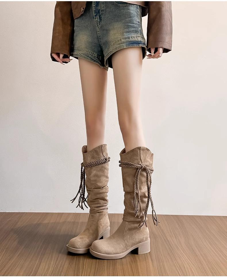 

2025 summer retro fringed thick heel medium and high boots women s round head versatile good-looking western cowboy boots women s boots 40 хаки