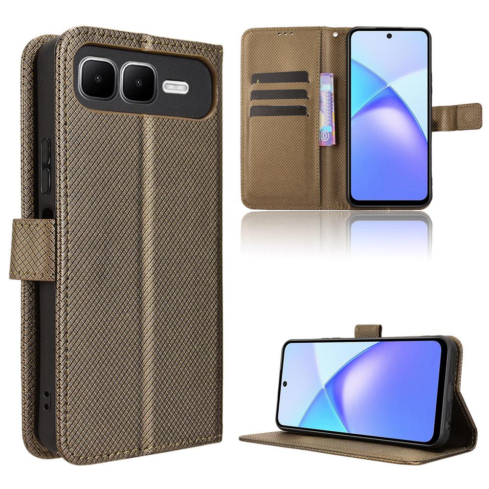 

For Infinix Smart 10 Plus Leather Wallet Case with Strap Diamond Texture Phone Cover Brown