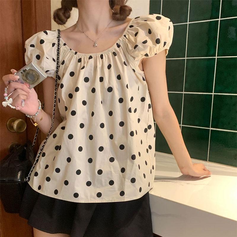 French Sweet Polka Dot Blouse Summer Fashionable Puff Sleeve Women's Casual Loose Round Folds Basic Shirts