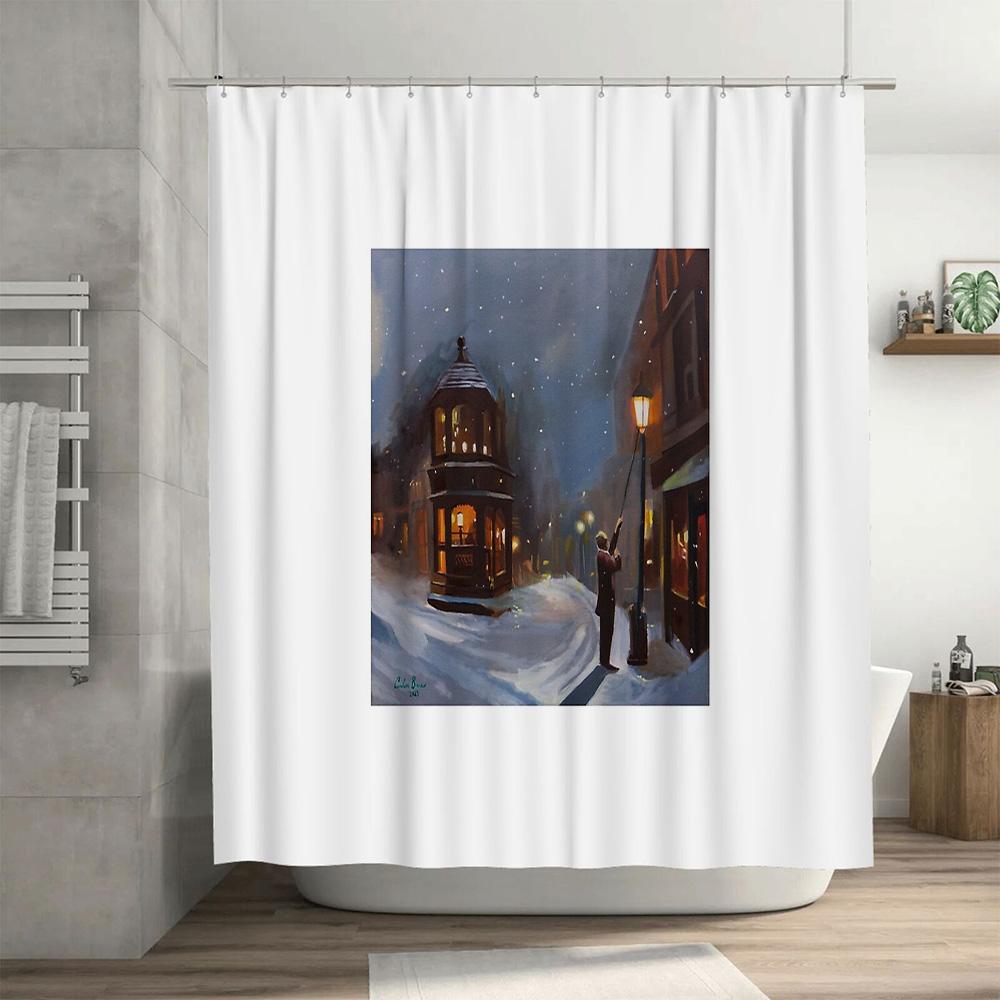 Vintage Winter Cityscape Shower Curtain Snowy Street Scene Victorian Era Wall Art Bathroom Decor Elegant Gothic Dark Academia
