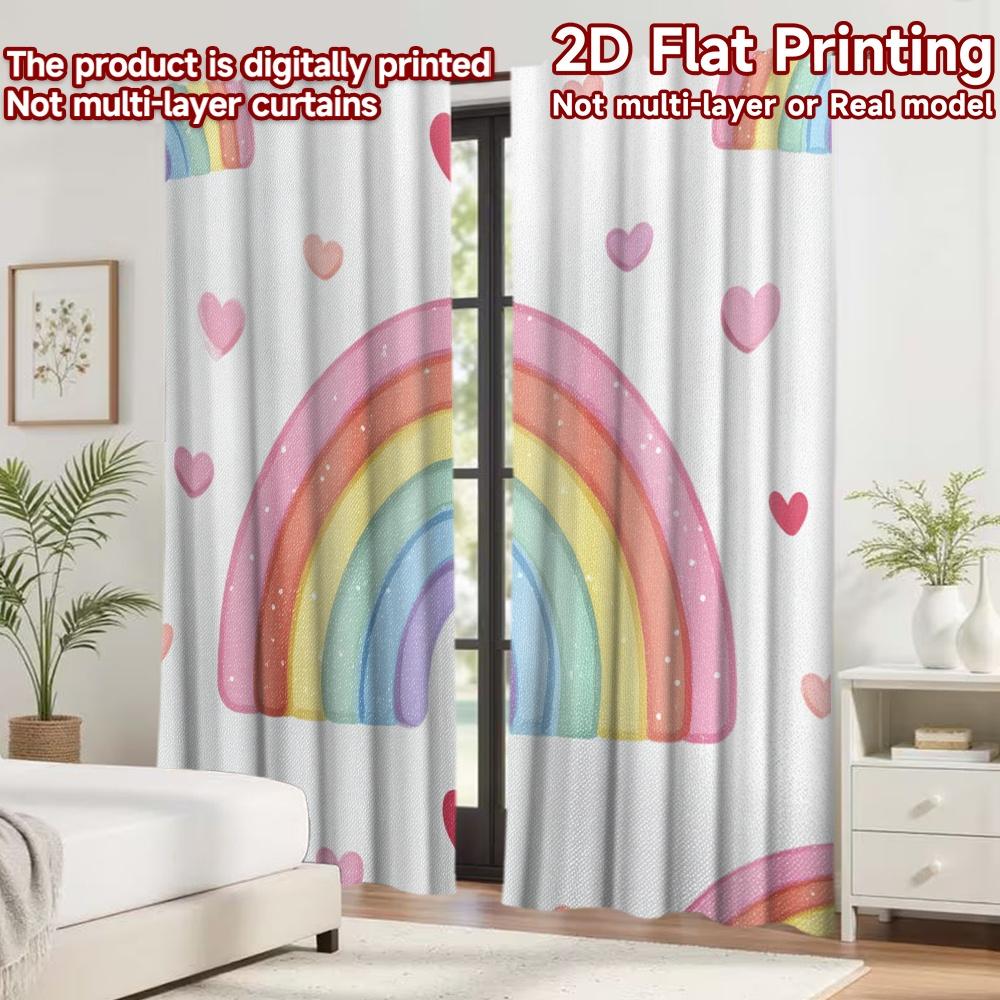 2D flat printing 2pcs Curtain Curtains Pastel Rainbow with Hearts Digital Printed Polyester Drapes Holiday Decorations for