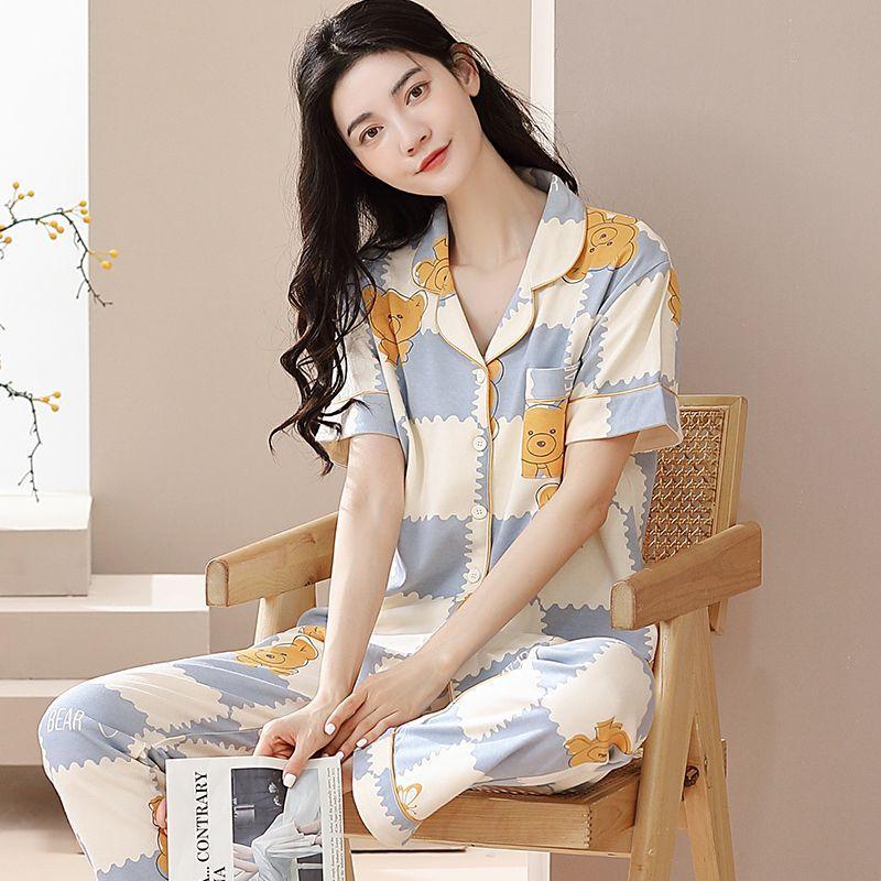 New pajamas women's summer short-sleeved trousers 100% pure cotton thin women's casual lapel mother loungewear set summer