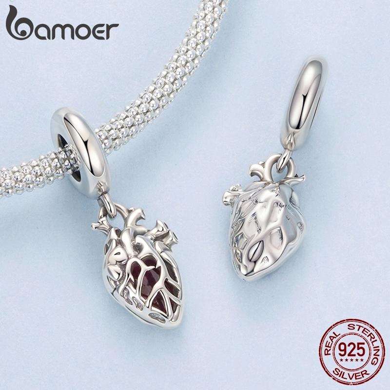Bamoer 925 Silver Red Heart Skull Pendant Jesus Cross Beads for Women Bracelet Accessories DIY Religious Beliefs Gift