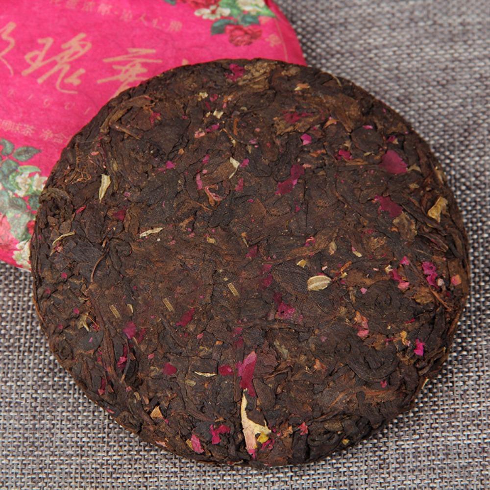 1. 100g Chinese Yunnan Pu'er Cooked Tea Rose Flavor Healthy Green Food 2. 100g Yunnan Pu'er Tea Cooked Rose Health Green Food Promotion