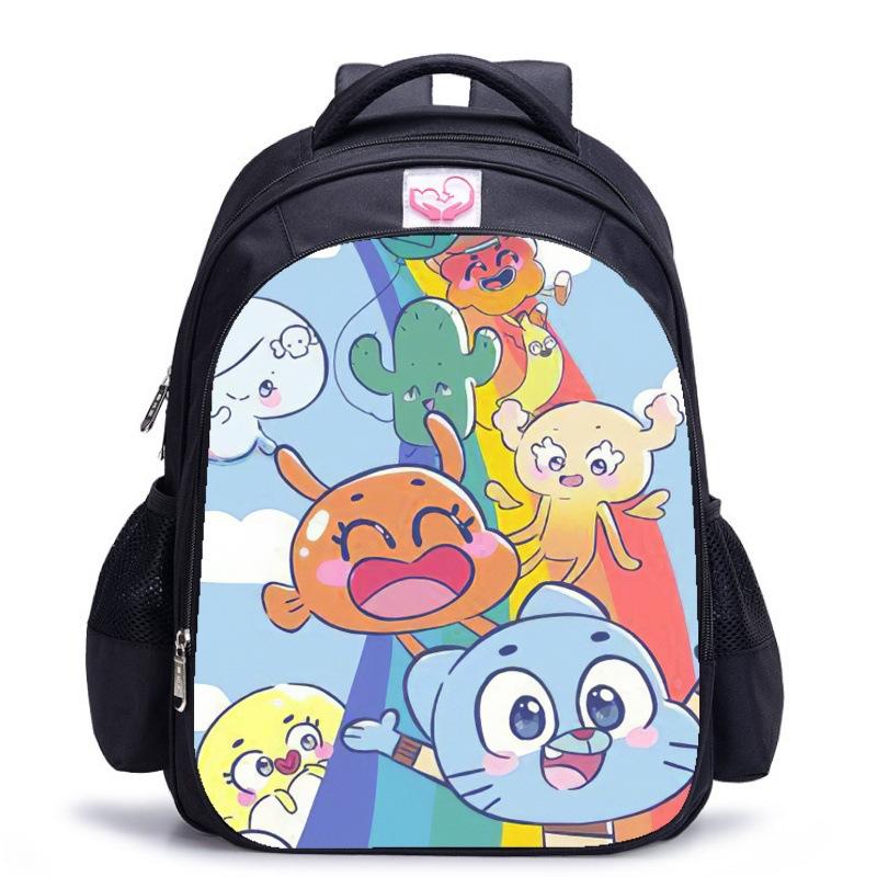 Zaino Scuola per Bambini, Testa Grande Gatto Blu Forrest Gump Scuola di Animazione, Tessuto Oxford Nero Resistente allo Sporco Grande Capacità.